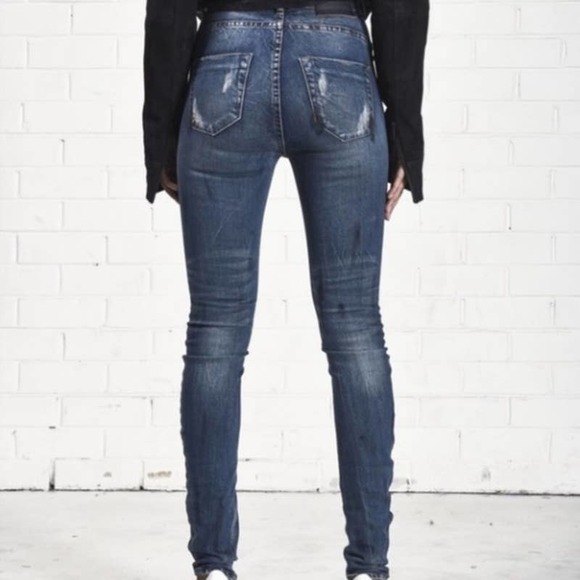 One Teaspoon Scallywags Jeans High Rise Painted Blue Marine Wash Denim - Picture 2 of 14